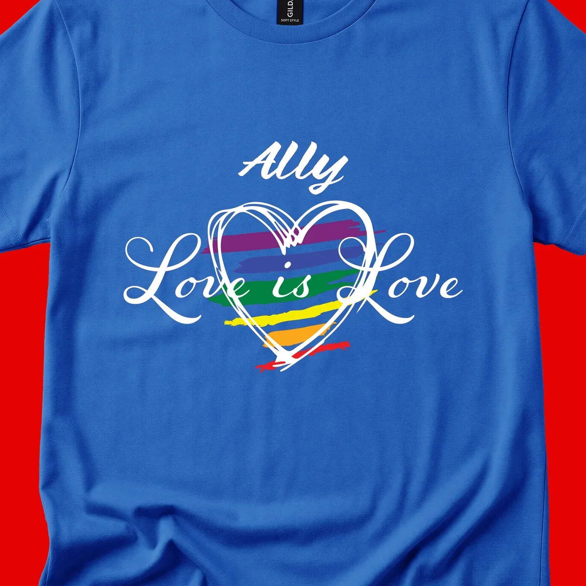 White outlined heart with rainbow stripes and 'Ally Love is love' text for pride support