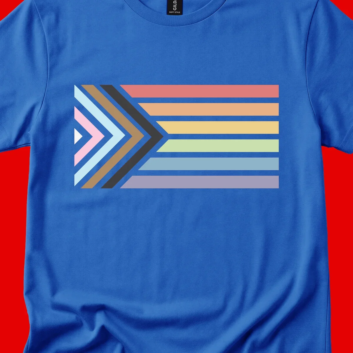 Progress pride arrows design with chevron shapes and rainbow flag stripes representing LGBTQ equality and forward momentum