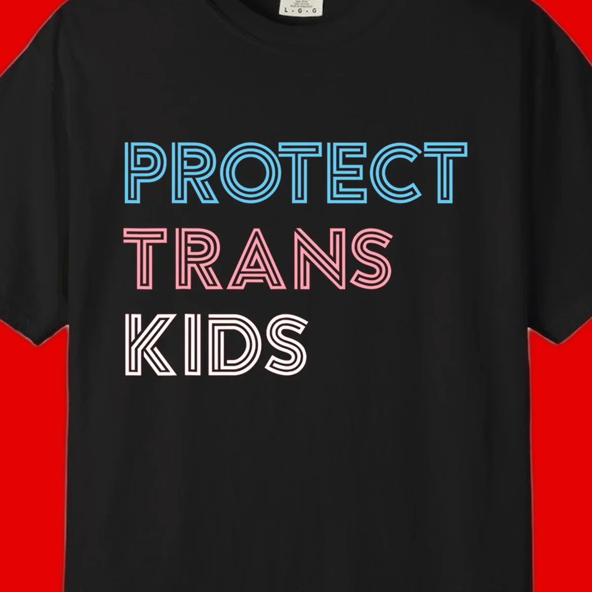 Neon-style outlined text reading 'PROTECT TRANS KIDS' in cyan, pink, and white striped lettering with concentric line patterns