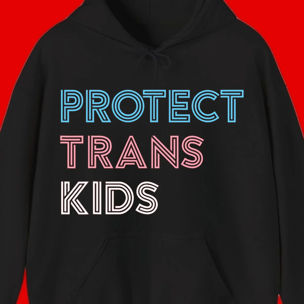 Neon-style outlined text reading 'PROTECT TRANS KIDS' in cyan, pink, and white striped lettering with concentric line patterns