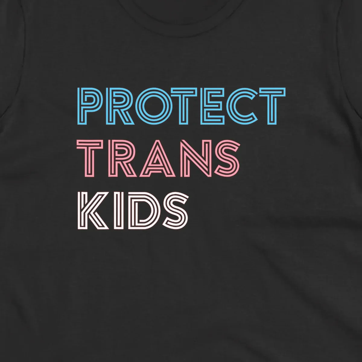 Neon-style outlined text reading 'PROTECT TRANS KIDS' in cyan, pink, and white striped lettering with concentric line patterns