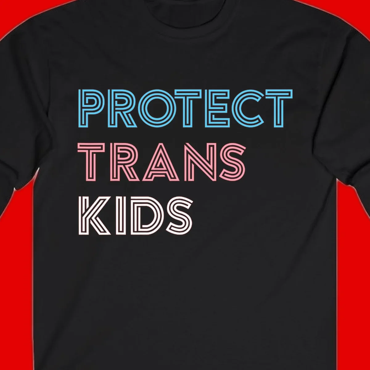Neon-style outlined text reading 'PROTECT TRANS KIDS' in cyan, pink, and white striped lettering with concentric line patterns