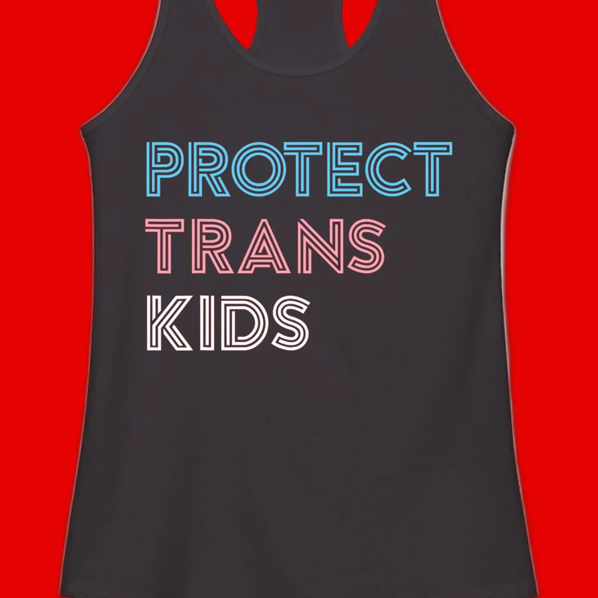 Neon-style outlined text reading 'PROTECT TRANS KIDS' in cyan, pink, and white striped lettering with concentric line patterns