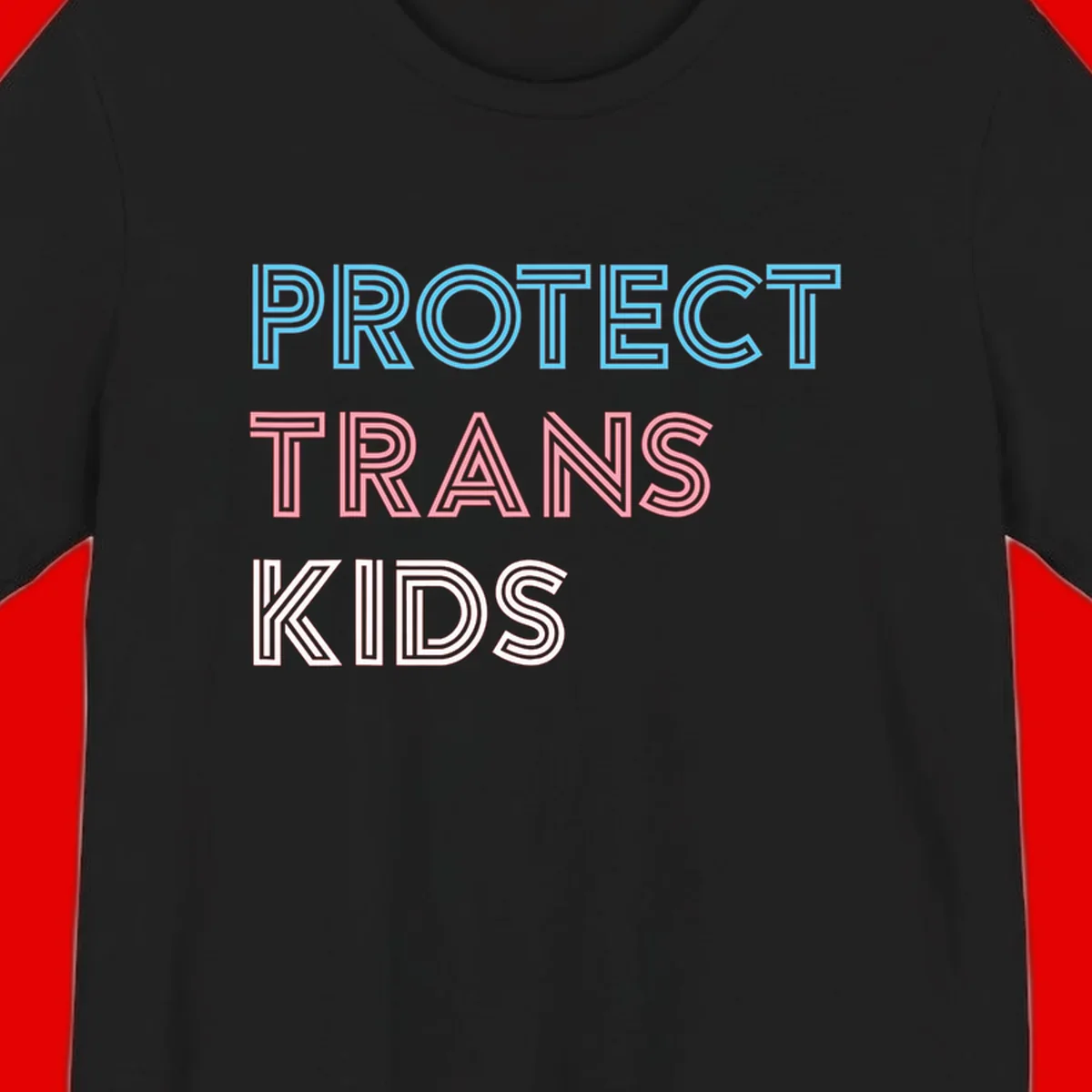 Neon-style outlined text reading 'PROTECT TRANS KIDS' in cyan, pink, and white striped lettering with concentric line patterns