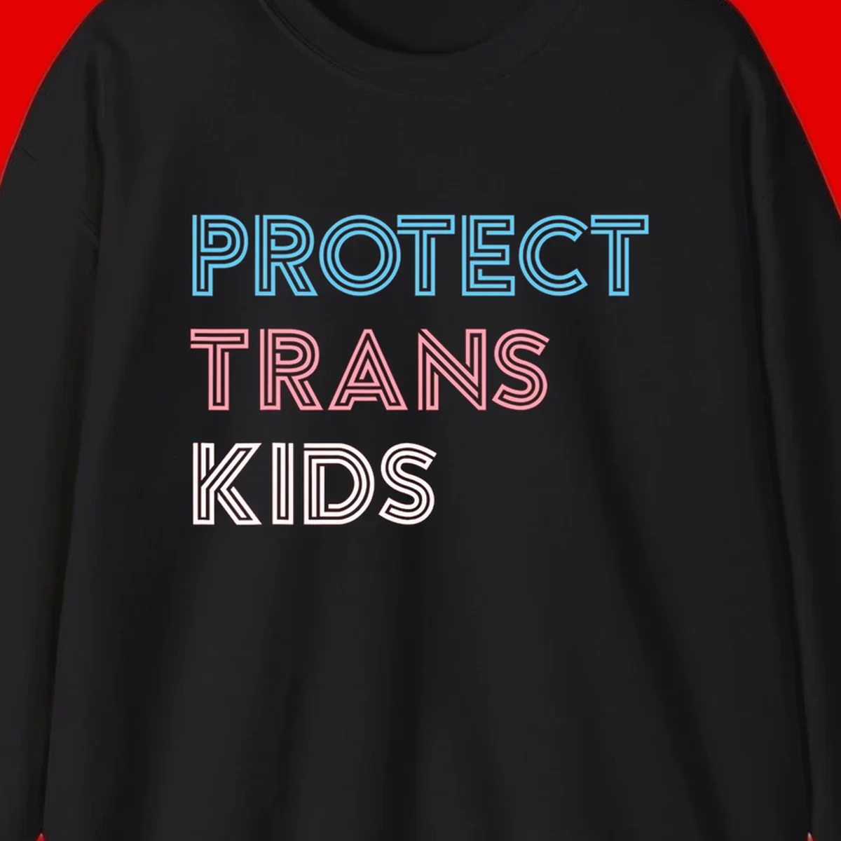 Neon-style outlined text reading 'PROTECT TRANS KIDS' in cyan, pink, and white striped lettering with concentric line patterns