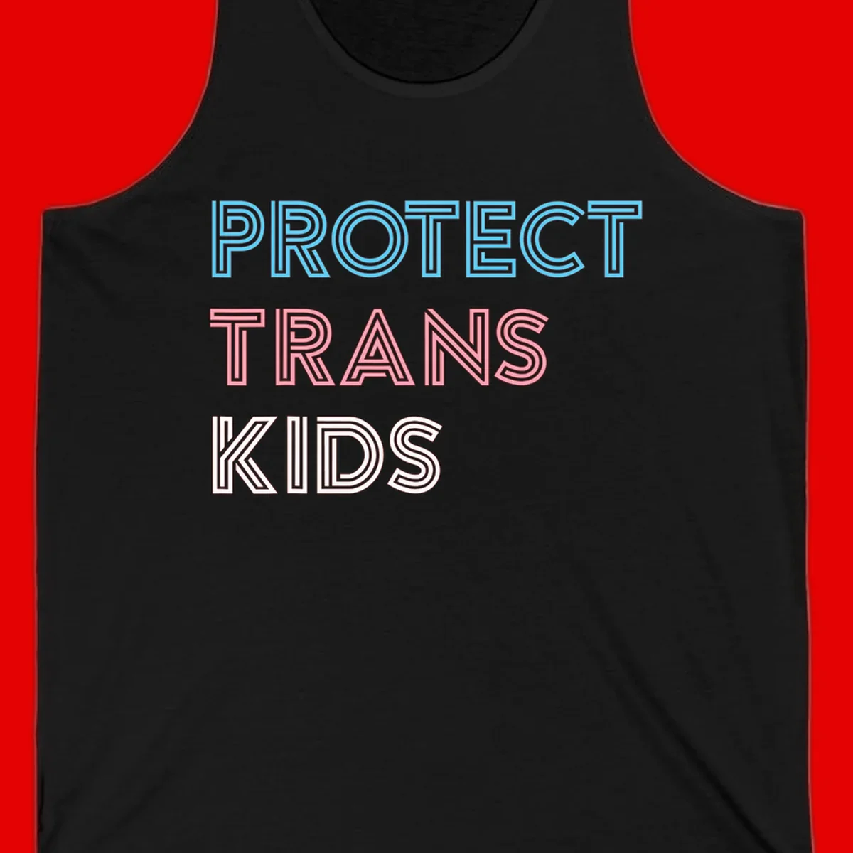 Neon-style outlined text reading 'PROTECT TRANS KIDS' in cyan, pink, and white striped lettering with concentric line patterns