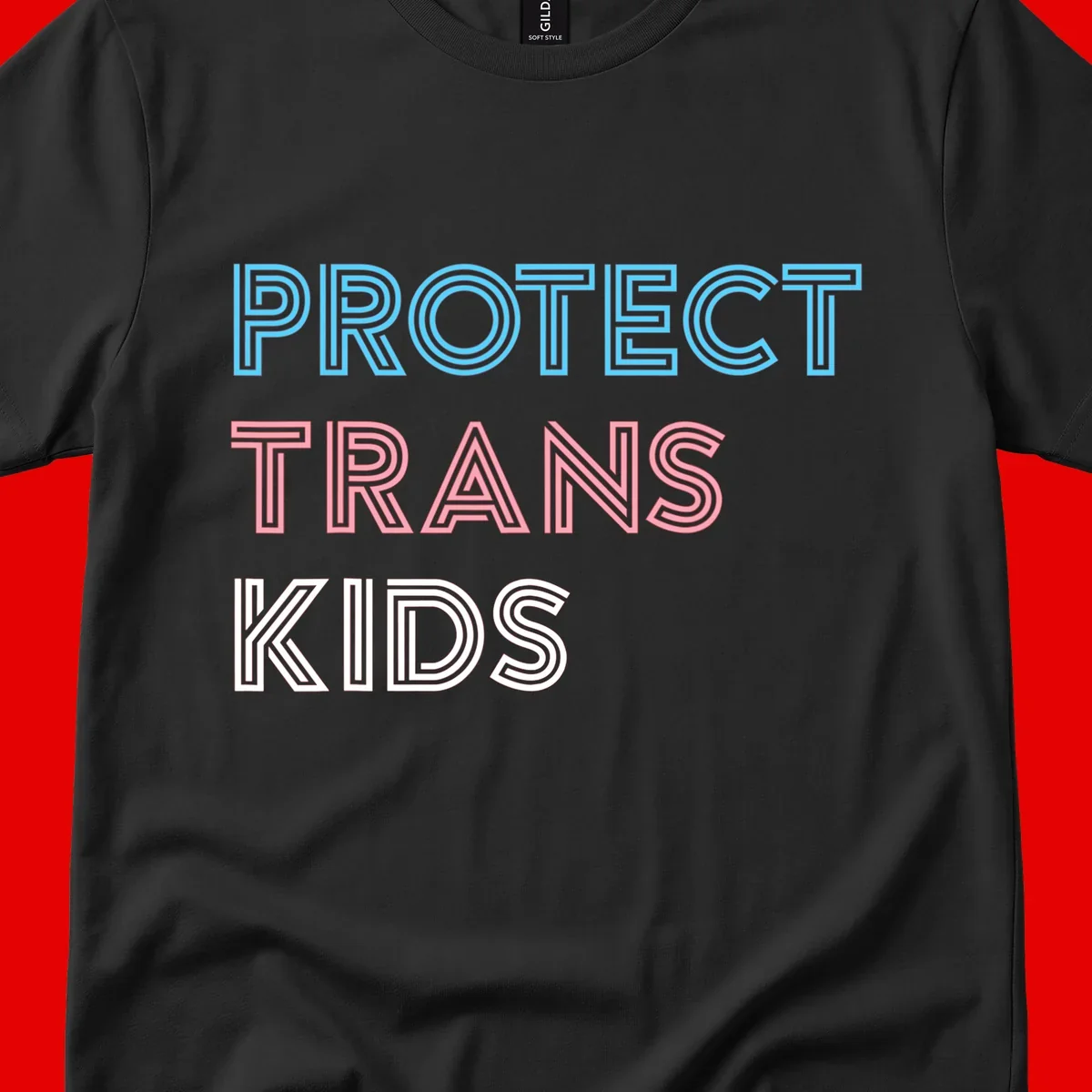Neon-style outlined text reading 'PROTECT TRANS KIDS' in cyan, pink, and white striped lettering with concentric line patterns