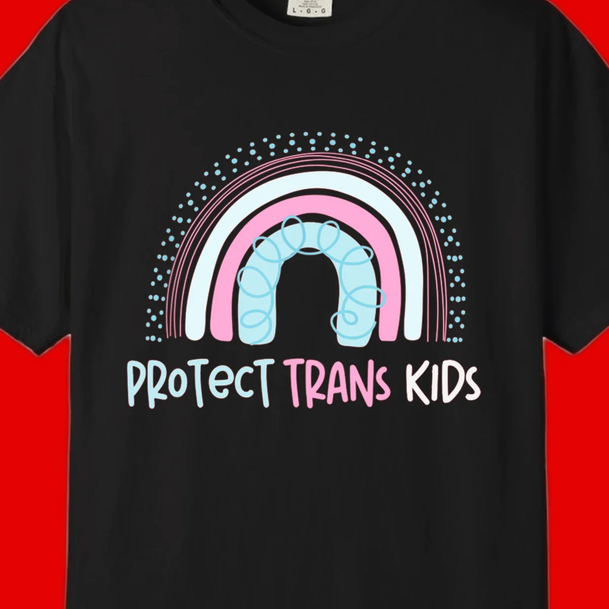Protect trans kids pride design: rainbow arch with protective shield and DNA strands in pink, blue, and cyan with radiating dots