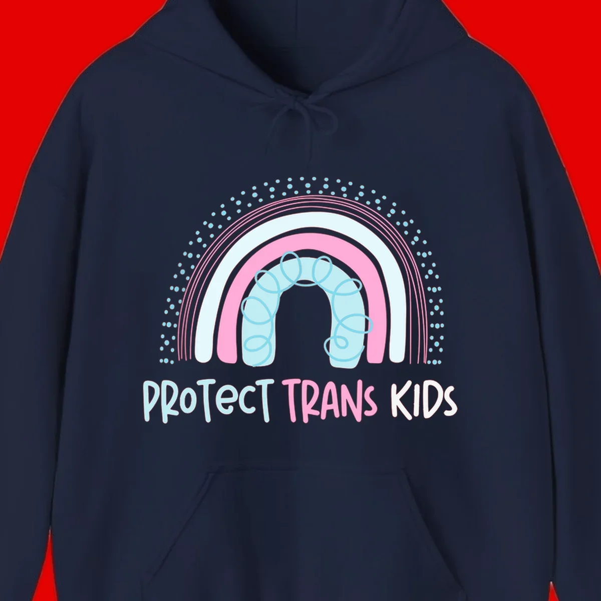 Protect trans kids pride design: rainbow arch with protective shield and DNA strands in pink, blue, and cyan with radiating dots