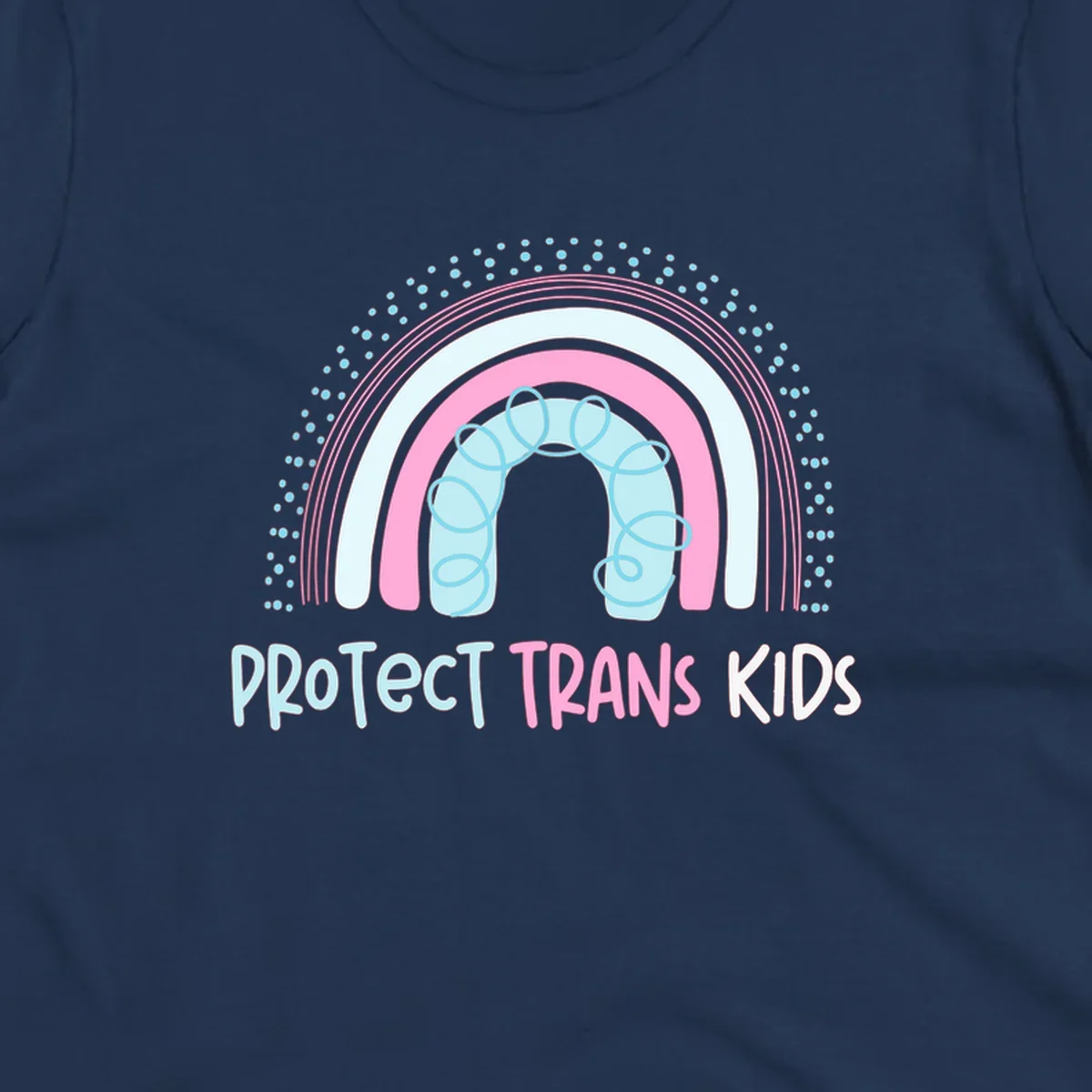 Protect trans kids pride design: rainbow arch with protective shield and DNA strands in pink, blue, and cyan with radiating dots