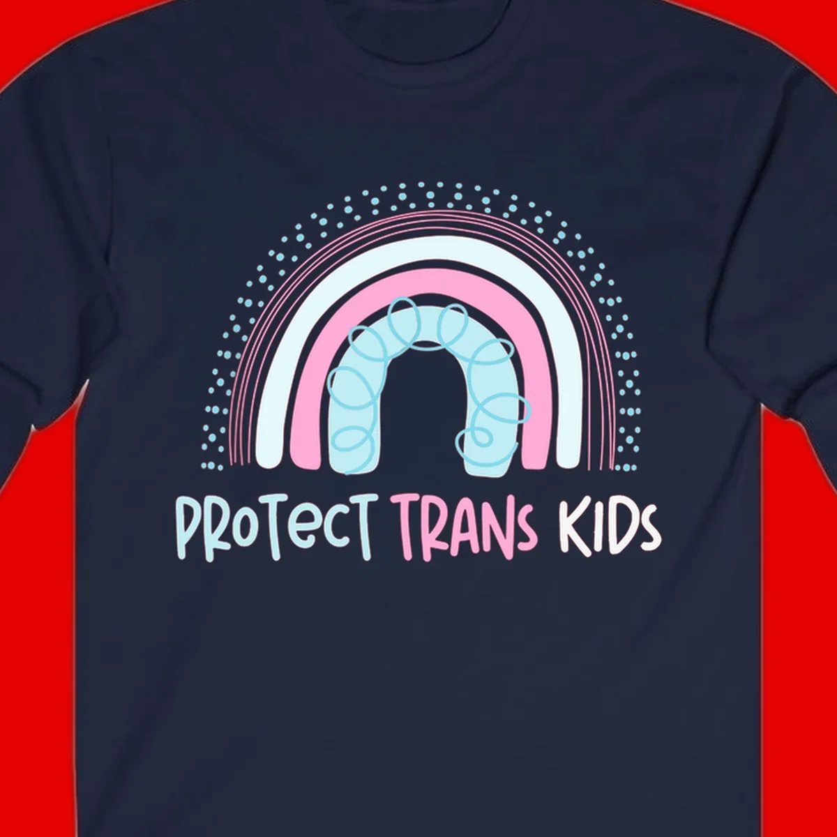 Protect trans kids pride design: rainbow arch with protective shield and DNA strands in pink, blue, and cyan with radiating dots