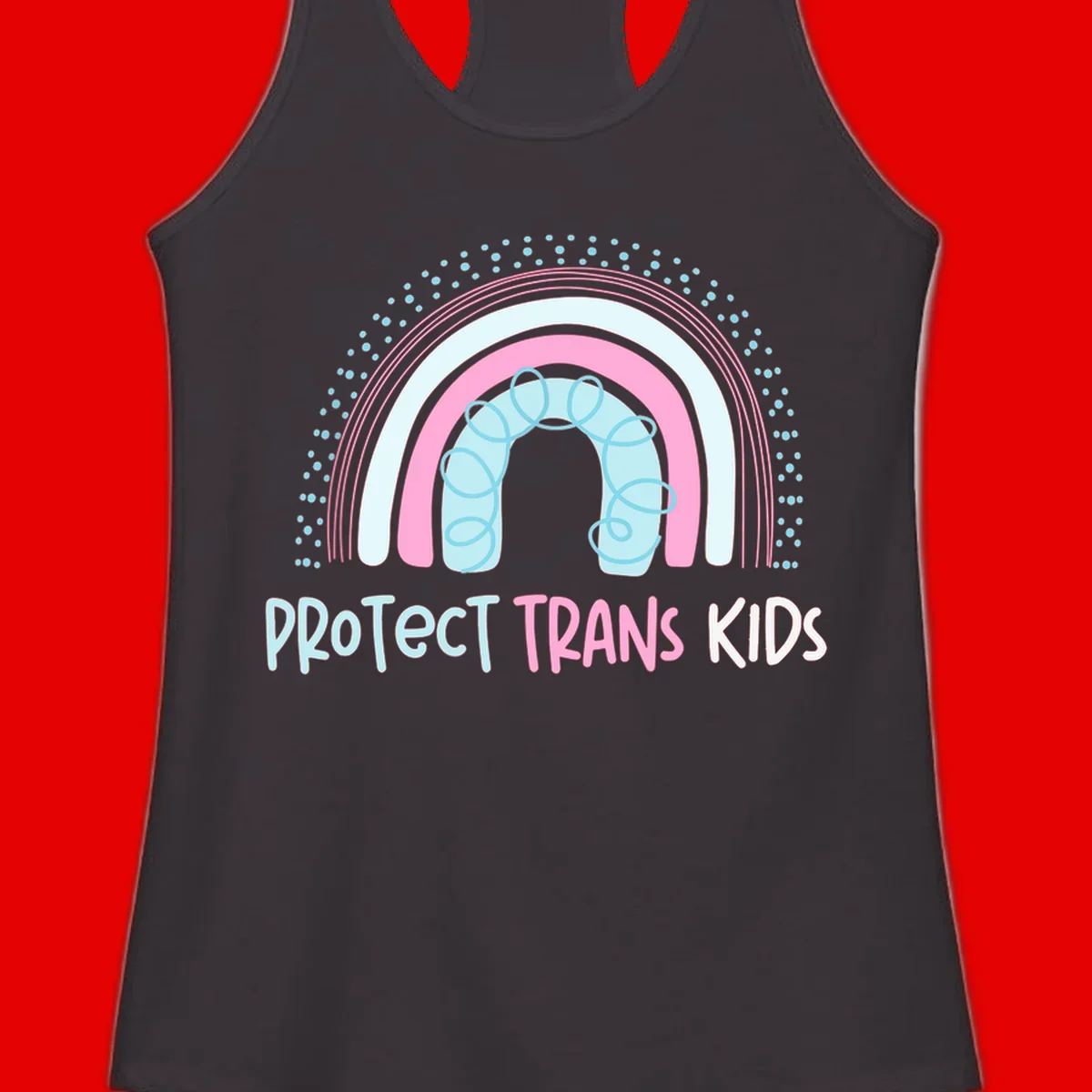 Protect trans kids pride design: rainbow arch with protective shield and DNA strands in pink, blue, and cyan with radiating dots