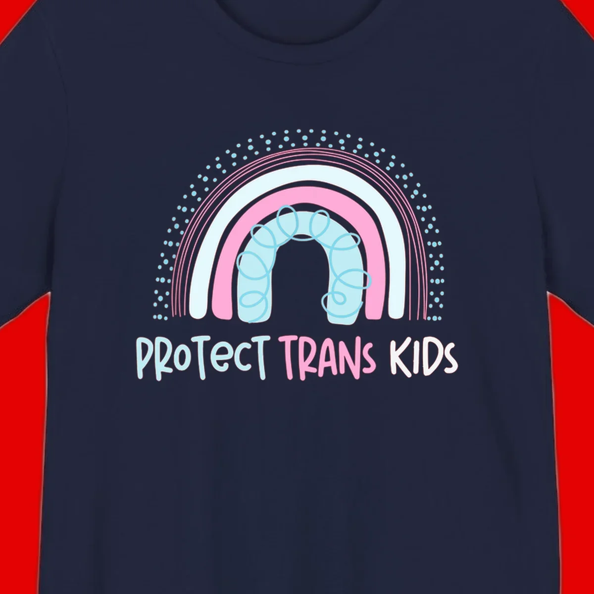 Protect trans kids pride design: rainbow arch with protective shield and DNA strands in pink, blue, and cyan with radiating dots