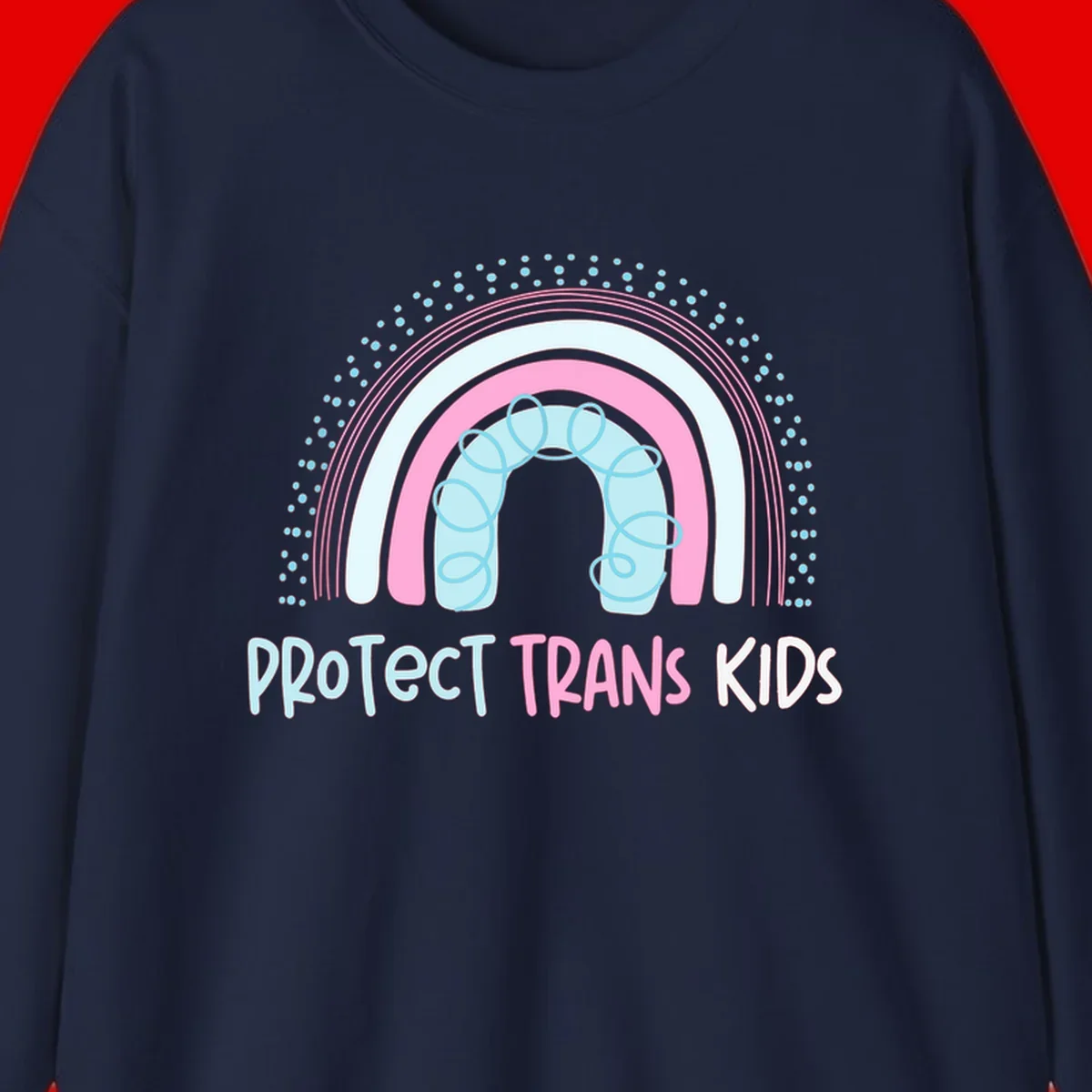 Protect trans kids pride design: rainbow arch with protective shield and DNA strands in pink, blue, and cyan with radiating dots
