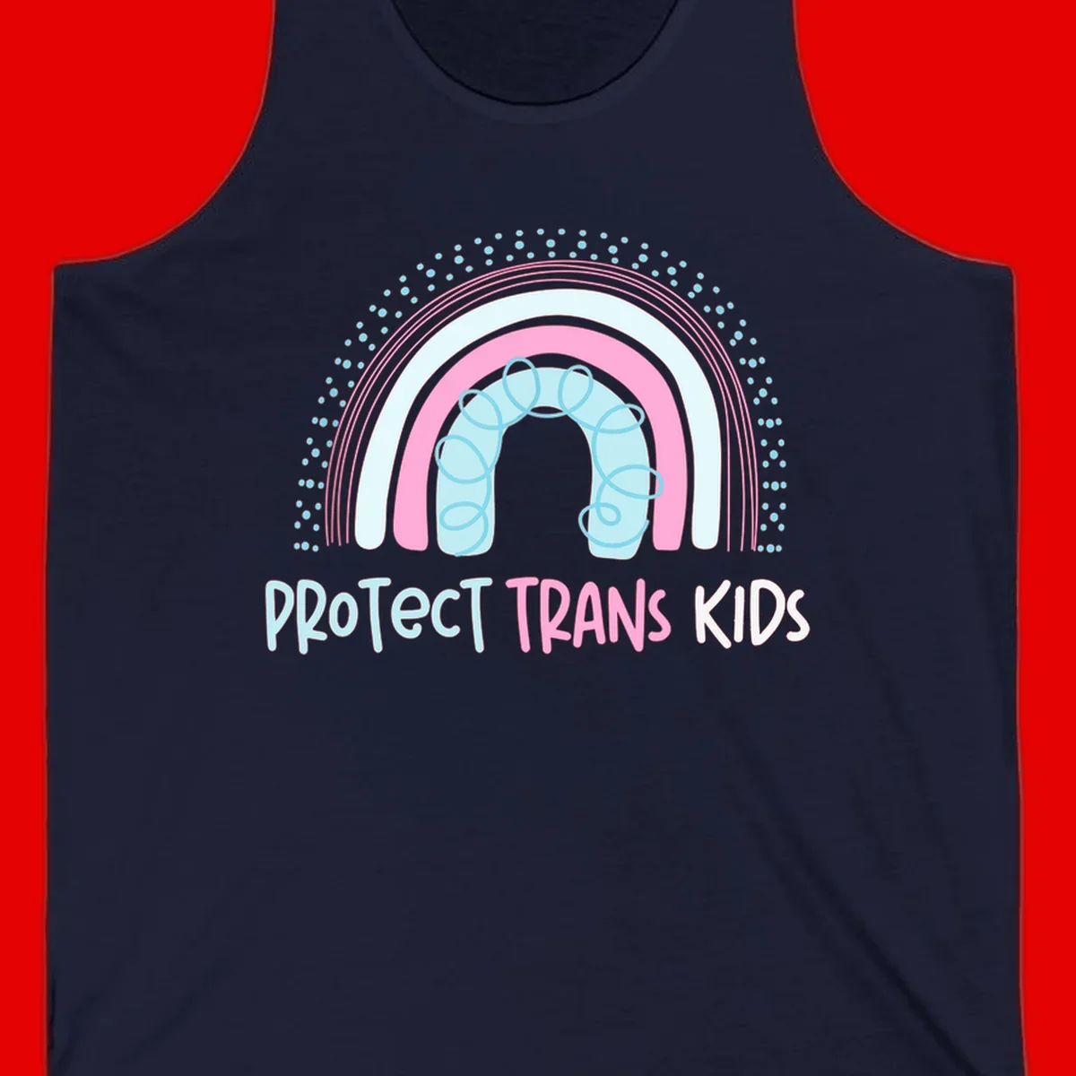 Protect trans kids pride design: rainbow arch with protective shield and DNA strands in pink, blue, and cyan with radiating dots