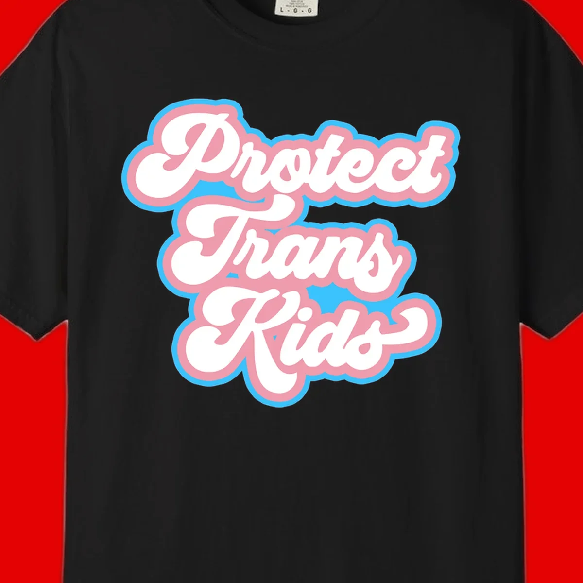 Protect trans kids pride design featuring white bold text with pink and blue scalloped borders on gray background
