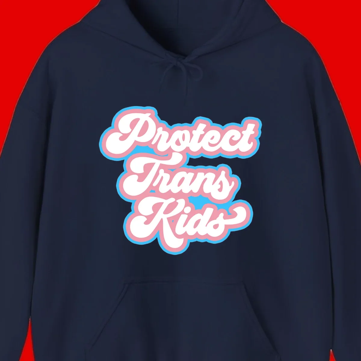 Protect trans kids pride design featuring white bold text with pink and blue scalloped borders on gray background