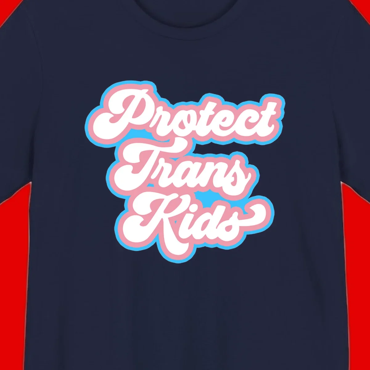 Protect trans kids pride design featuring white bold text with pink and blue scalloped borders on gray background