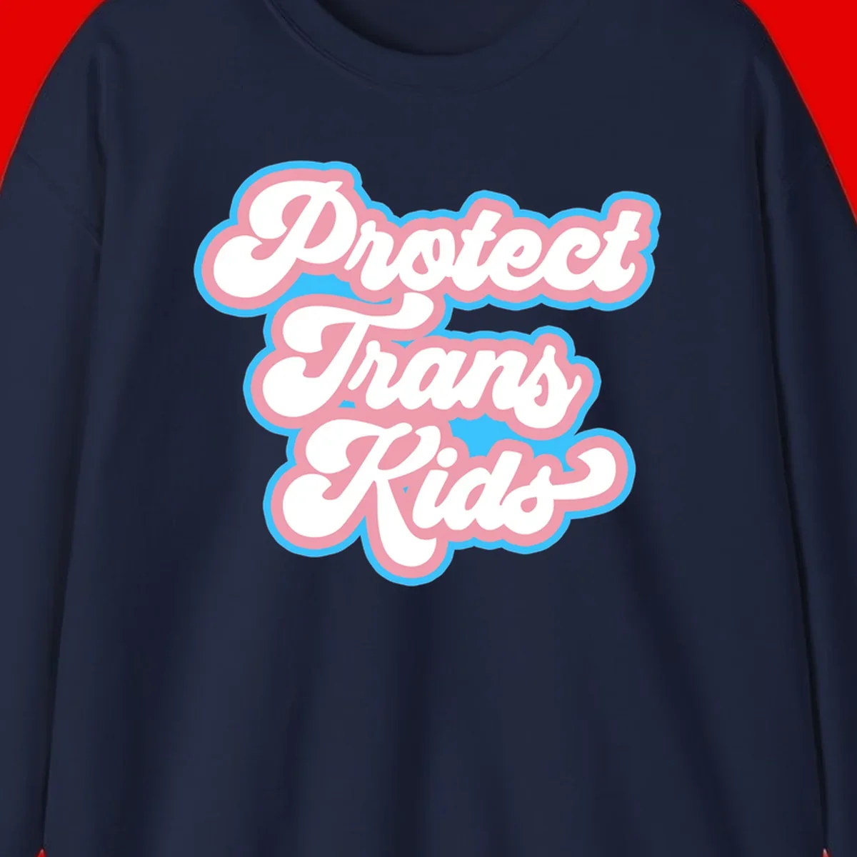 Protect trans kids pride design featuring white bold text with pink and blue scalloped borders on gray background