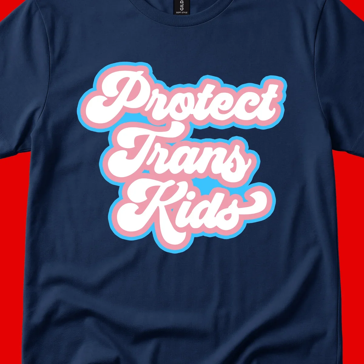 Protect trans kids pride design featuring white bold text with pink and blue scalloped borders on gray background