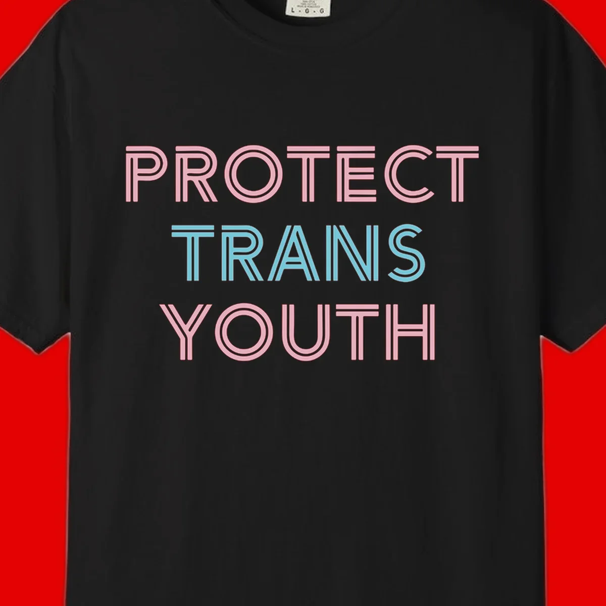 Protect trans youth design with pink and cyan outlined text on gray background