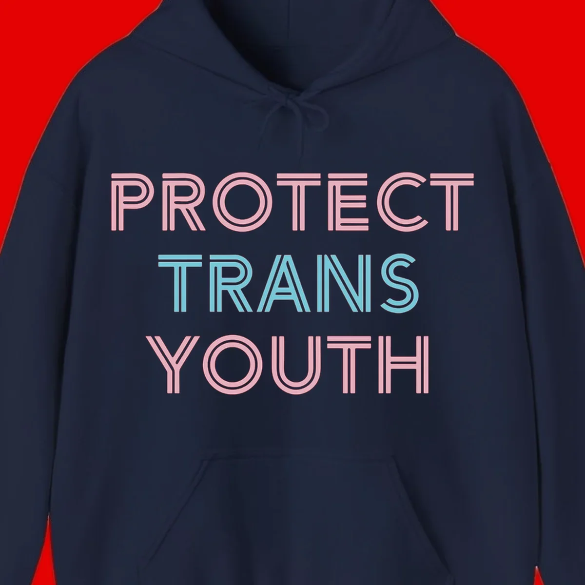 Protect trans youth design with pink and cyan outlined text on gray background