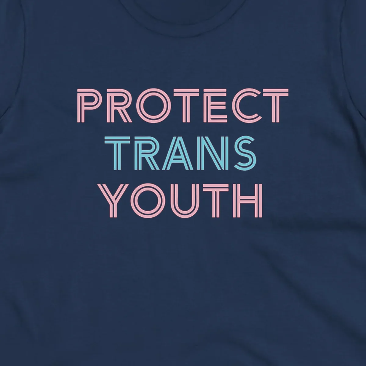 Protect trans youth design with pink and cyan outlined text on gray background