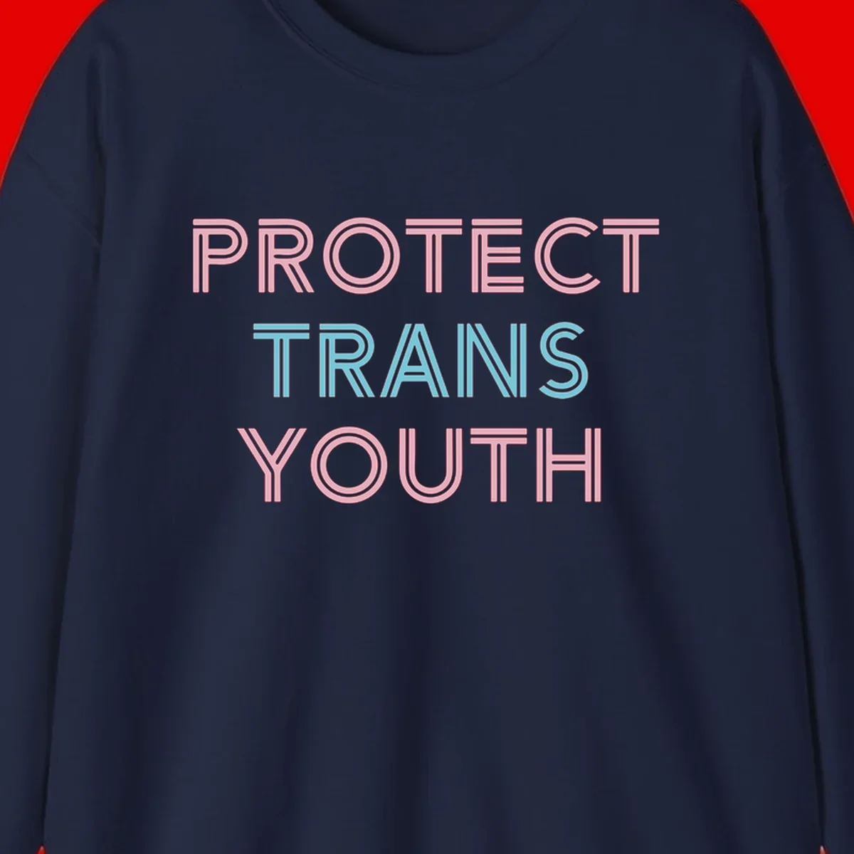 Protect trans youth design with pink and cyan outlined text on gray background