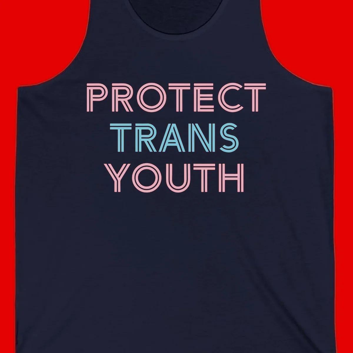 Protect trans youth design with pink and cyan outlined text on gray background