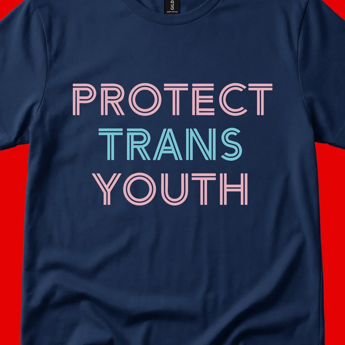 Protect trans youth design with pink and cyan outlined text on gray background