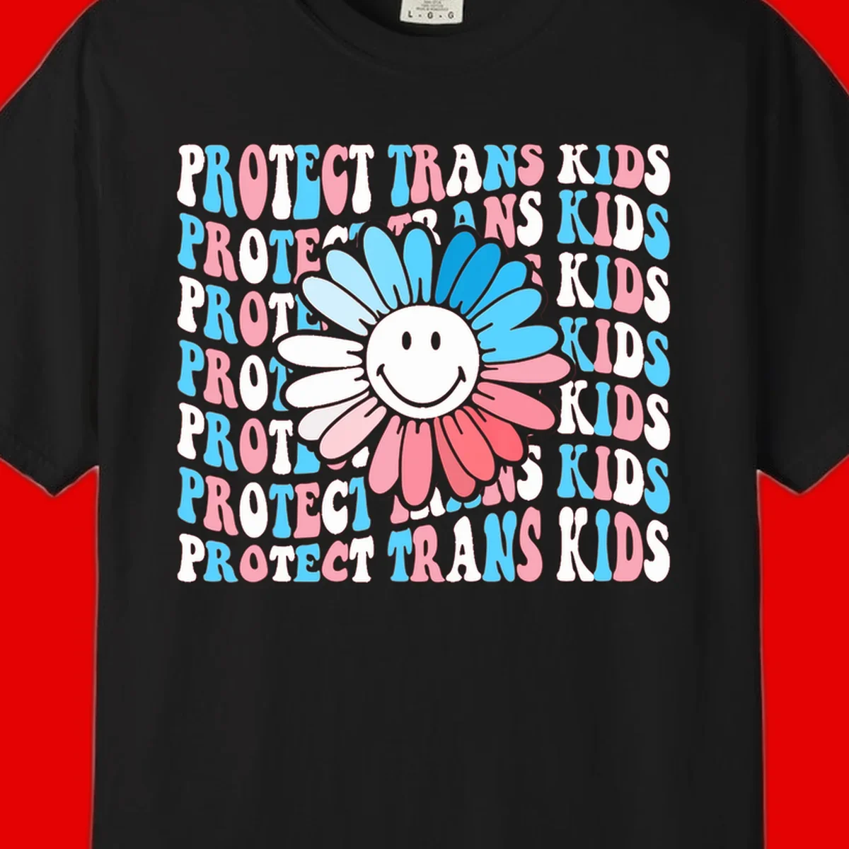 Protect trans kids daisy flower design with smiling face and gradient petals in blue and pink on gray background with repeated text