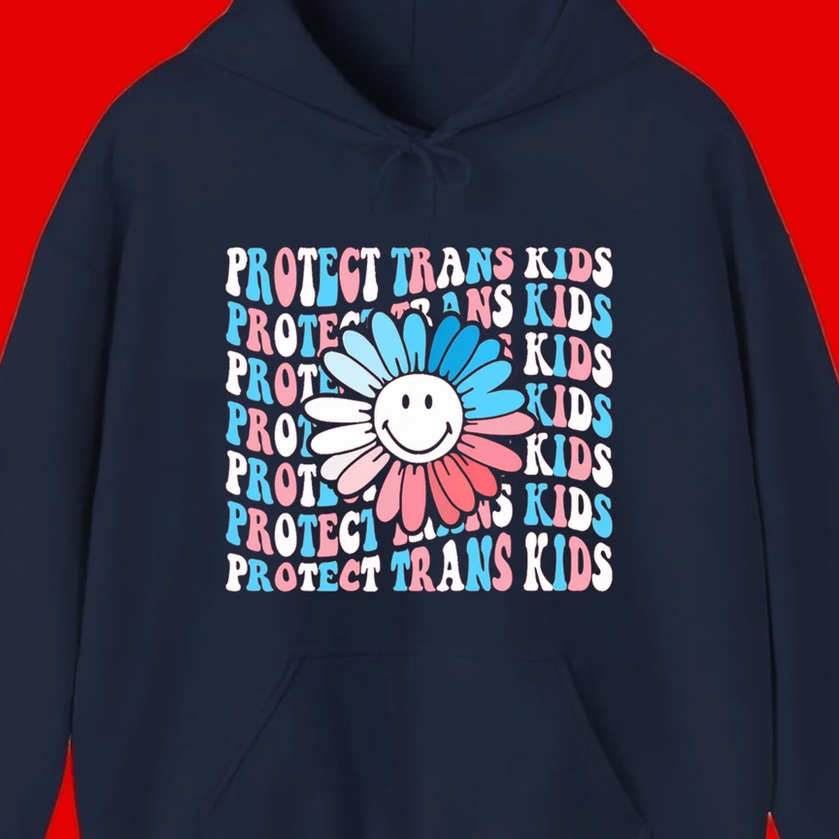 Protect trans kids daisy flower design with smiling face and gradient petals in blue and pink on gray background with repeated text