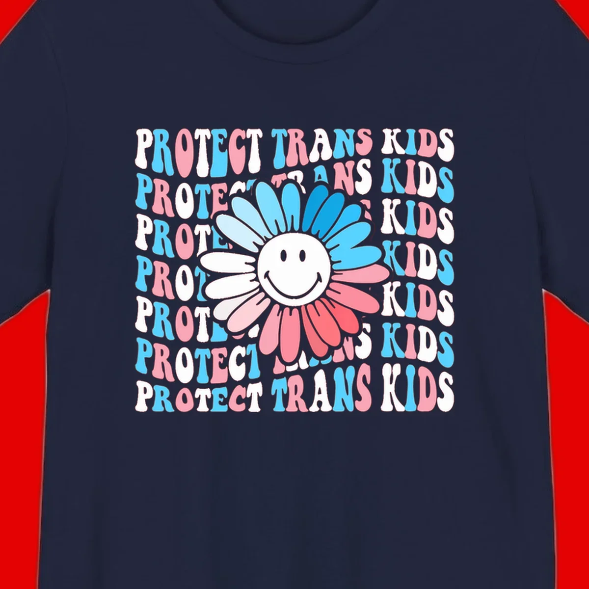 Protect trans kids daisy flower design with smiling face and gradient petals in blue and pink on gray background with repeated text