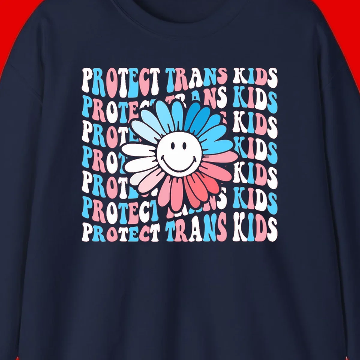 Protect trans kids daisy flower design with smiling face and gradient petals in blue and pink on gray background with repeated text