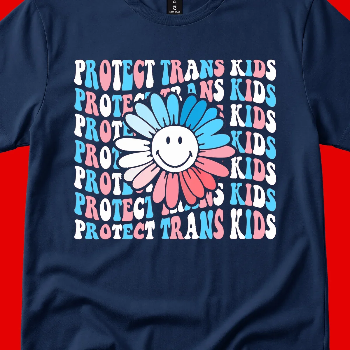Protect trans kids daisy flower design with smiling face and gradient petals in blue and pink on gray background with repeated text