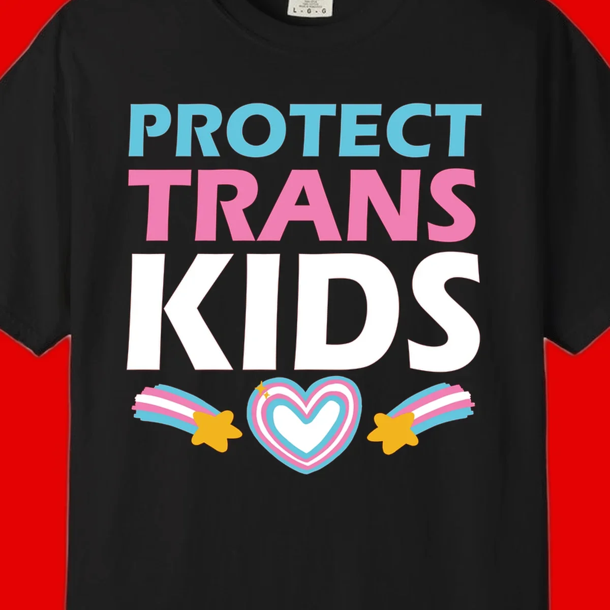 Protect trans kids pride design with cyan, pink and white text, concentric heart, and gold shooting stars with rainbow trails