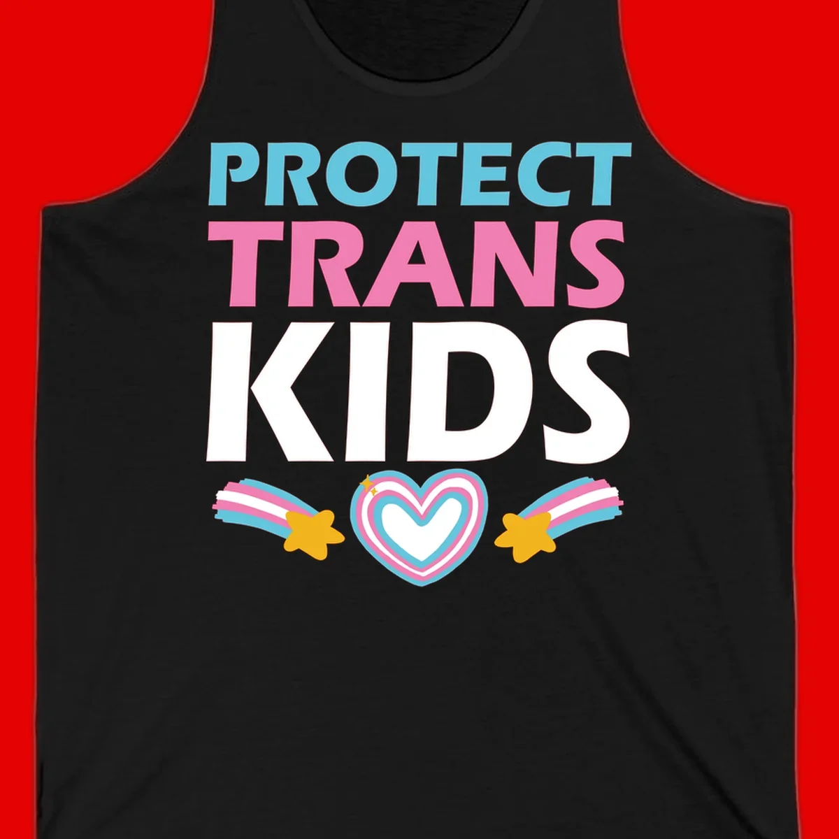 Protect trans kids pride design with cyan, pink and white text, concentric heart, and gold shooting stars with rainbow trails
