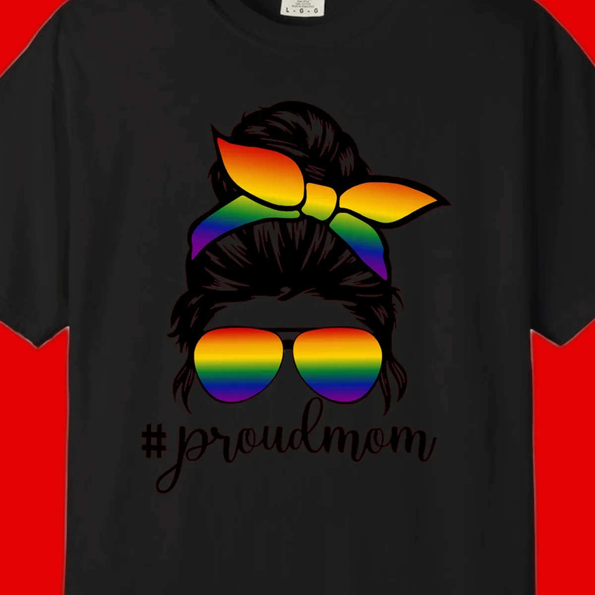 Illustration of a woman with black hair wearing rainbow bow, sunglasses, and lips with #proudmom text celebrating LGBTQ pride