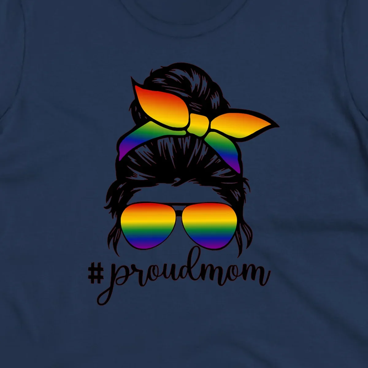 Illustration of a woman with black hair wearing rainbow bow, sunglasses, and lips with #proudmom text celebrating LGBTQ pride