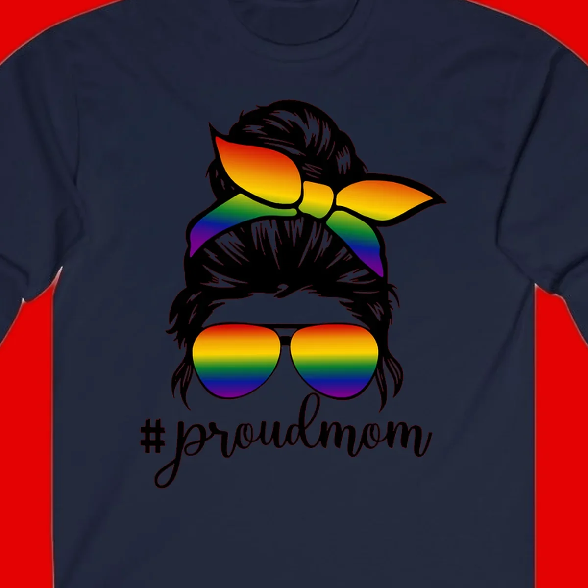 Illustration of a woman with black hair wearing rainbow bow, sunglasses, and lips with #proudmom text celebrating LGBTQ pride