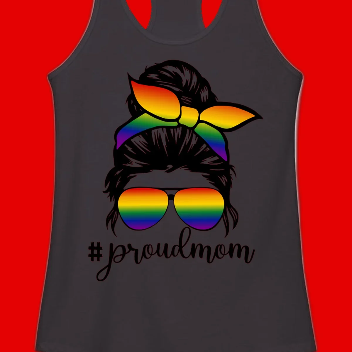 Illustration of a woman with black hair wearing rainbow bow, sunglasses, and lips with #proudmom text celebrating LGBTQ pride
