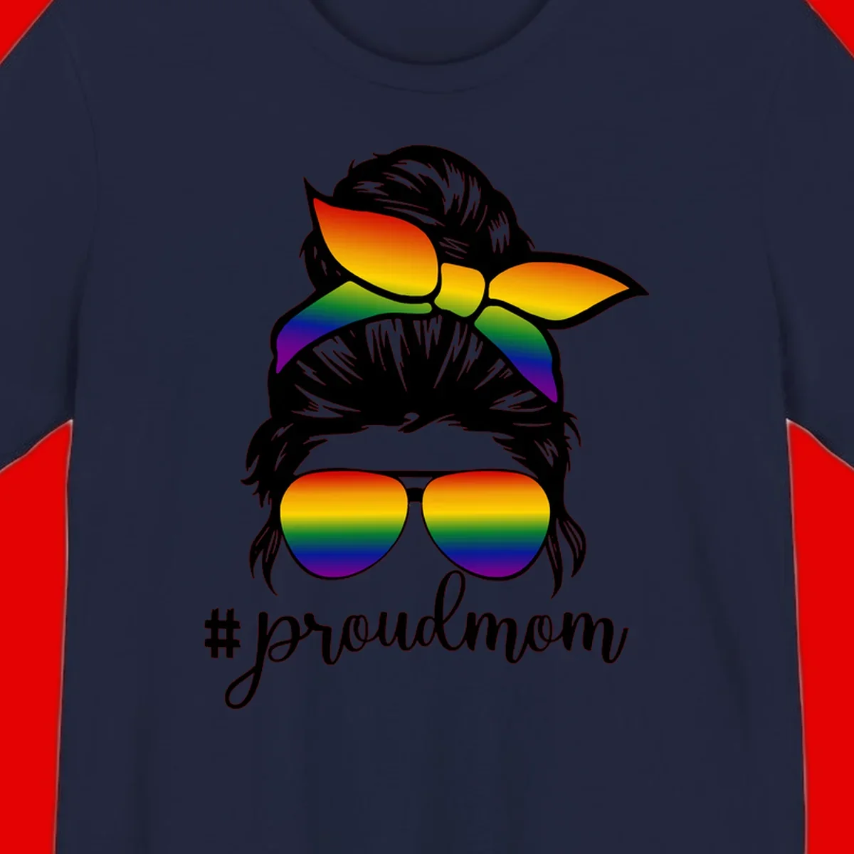 Illustration of a woman with black hair wearing rainbow bow, sunglasses, and lips with #proudmom text celebrating LGBTQ pride