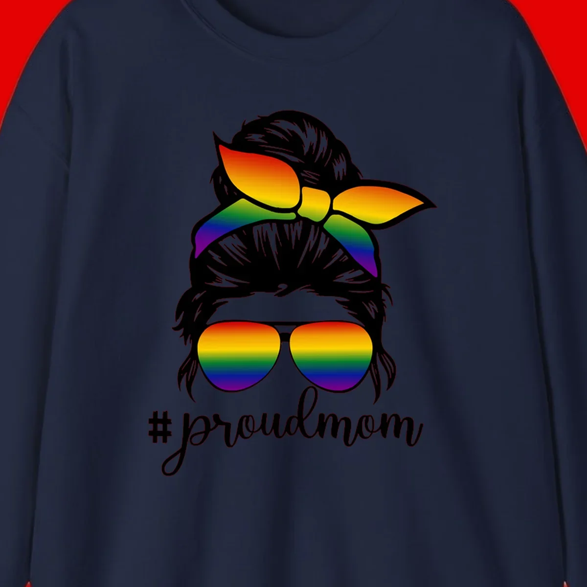 Illustration of a woman with black hair wearing rainbow bow, sunglasses, and lips with #proudmom text celebrating LGBTQ pride