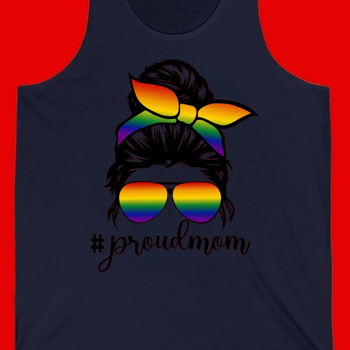 Illustration of a woman with black hair wearing rainbow bow, sunglasses, and lips with #proudmom text celebrating LGBTQ pride
