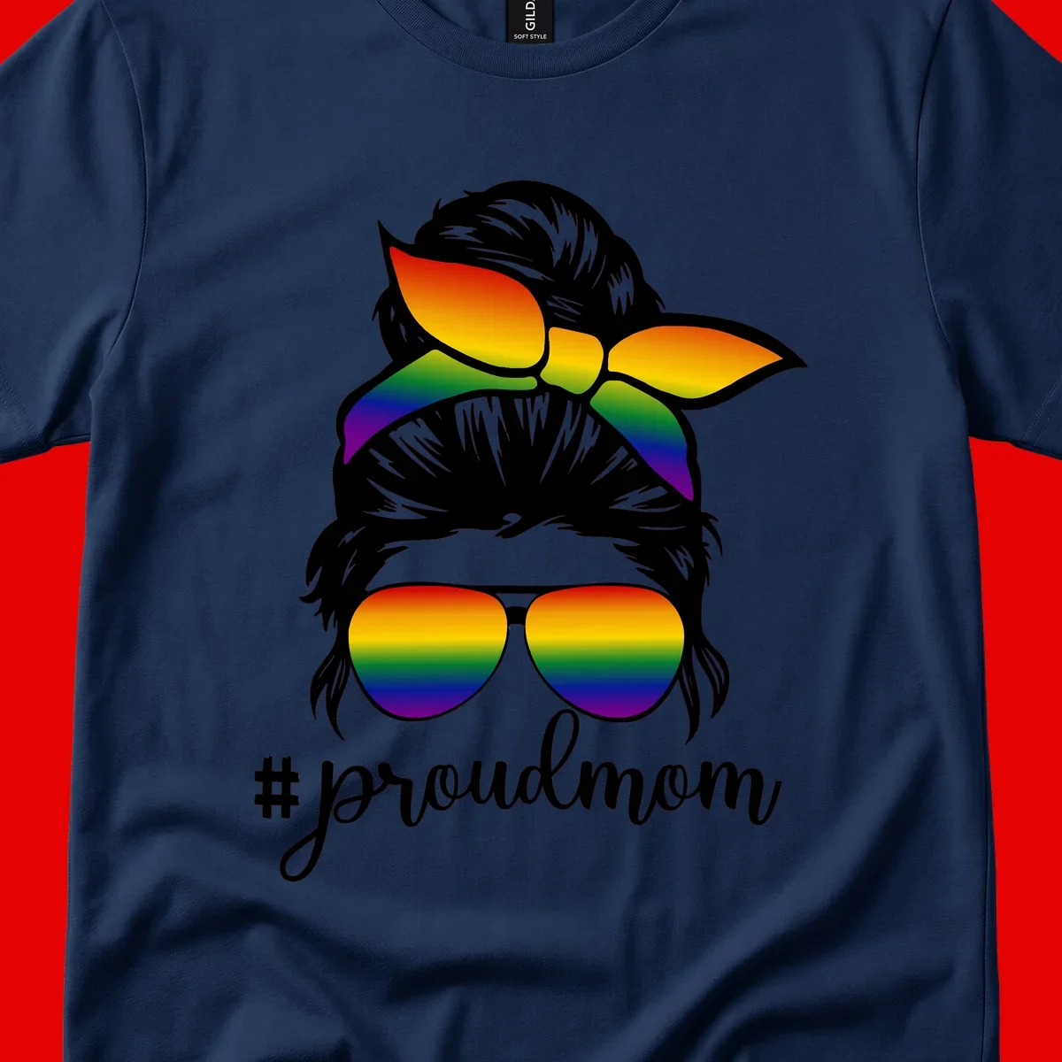 Illustration of a woman with black hair wearing rainbow bow, sunglasses, and lips with #proudmom text celebrating LGBTQ pride