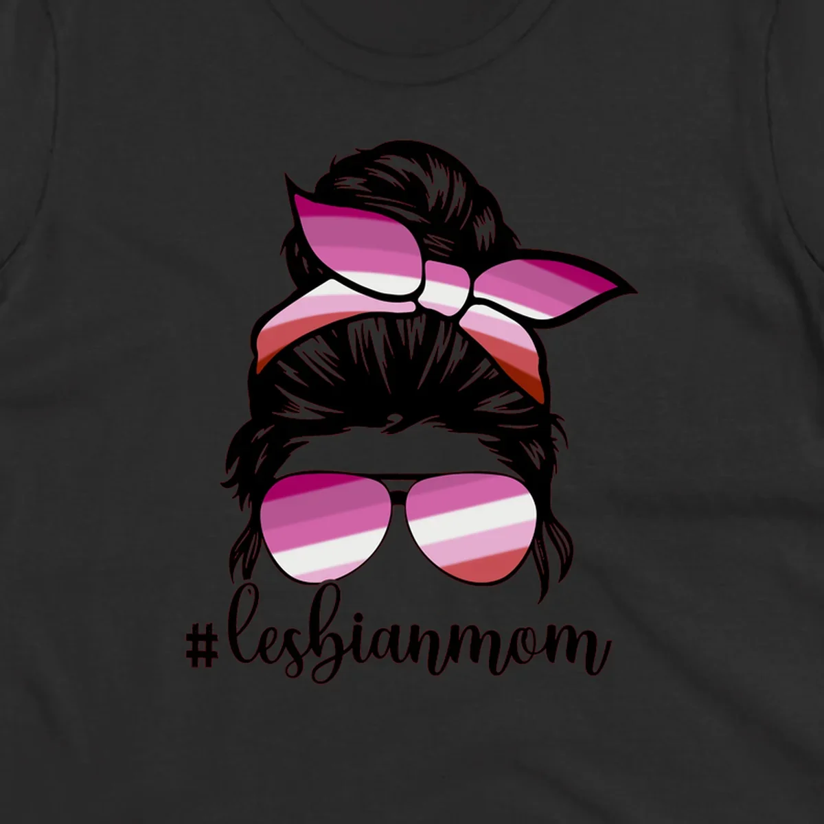 Illustration of a woman with black hair, pink bow, and aviator sunglasses featuring lesbian pride flag stripes with #lesbianmom text