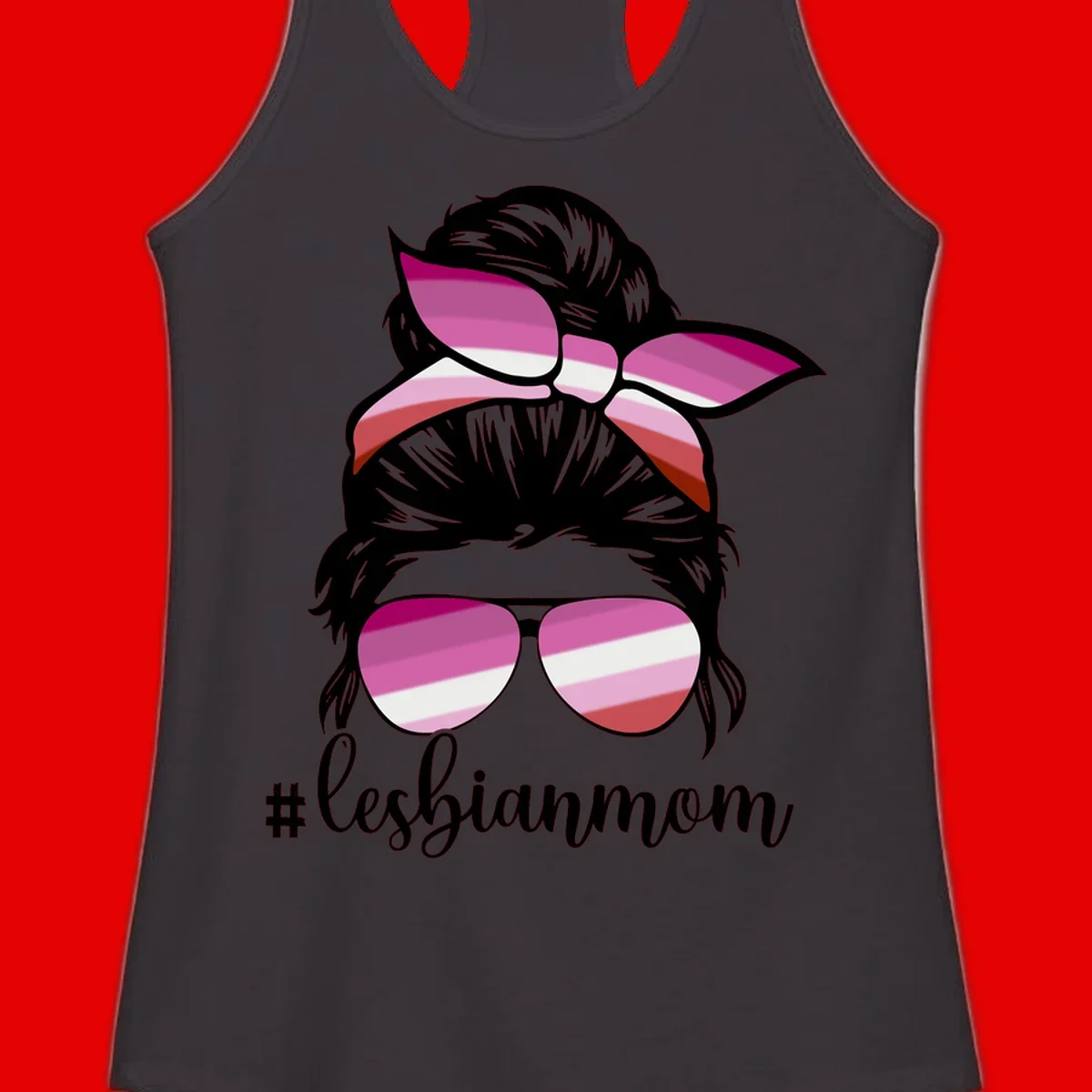 Illustration of a woman with black hair, pink bow, and aviator sunglasses featuring lesbian pride flag stripes with #lesbianmom text