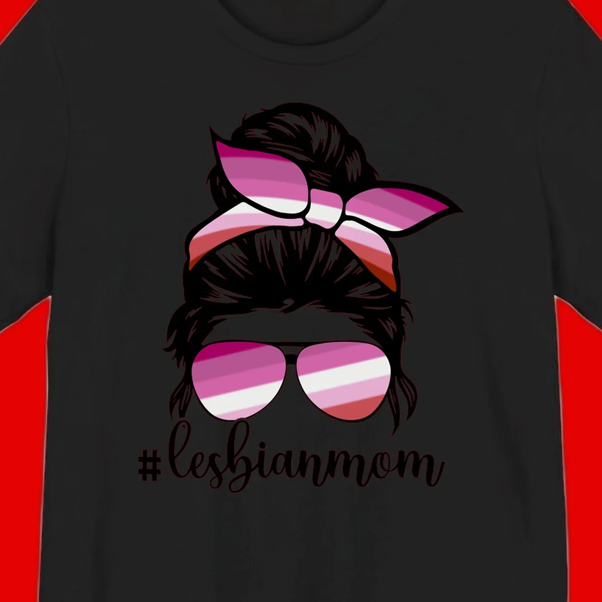 Illustration of a woman with black hair, pink bow, and aviator sunglasses featuring lesbian pride flag stripes with #lesbianmom text