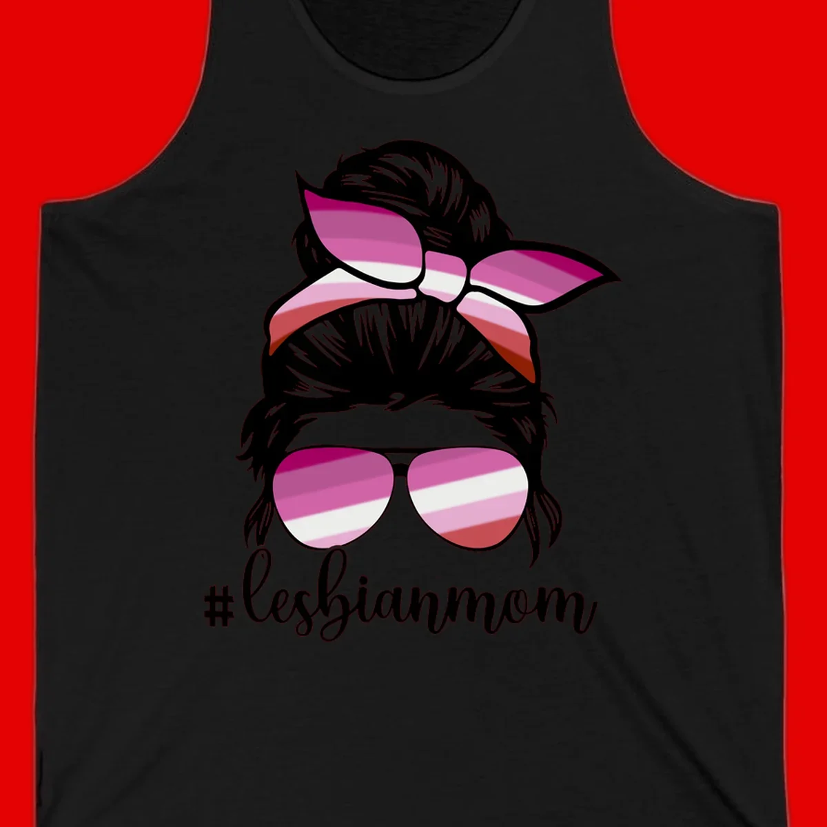 Illustration of a woman with black hair, pink bow, and aviator sunglasses featuring lesbian pride flag stripes with #lesbianmom text