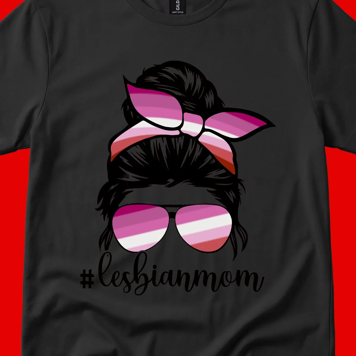 Illustration of a woman with black hair, pink bow, and aviator sunglasses featuring lesbian pride flag stripes with #lesbianmom text